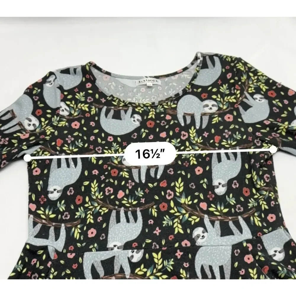 L.A Soul Sloth Dress Women's M Black Long Sleeve Fit & Flare Novelty Print